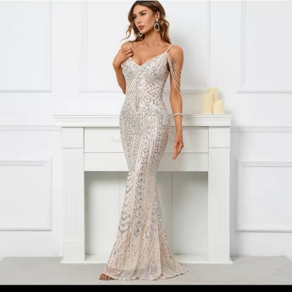 Custom Made Elegant Silver Evening Gown - Picture 5 of 14